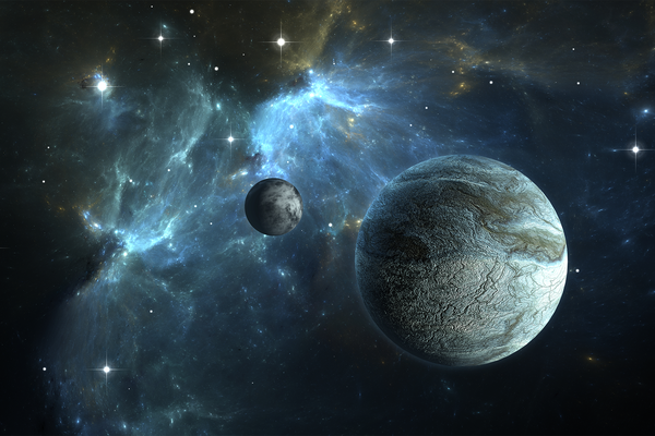 Exoplanet with moon on background nebula