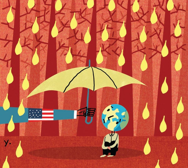 Illustration of a person with a head of the Earth being covered by an umbrella from an arm with the American flag.