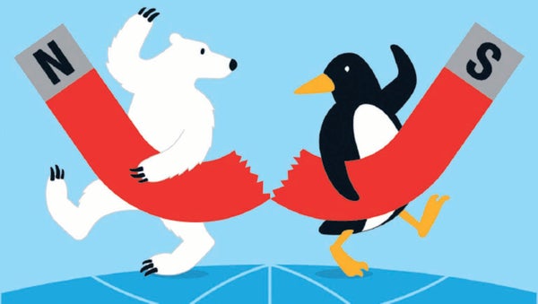 Illustration of a polar bear and a penguin walking away from each other, each holding one end of a magnetic pole.