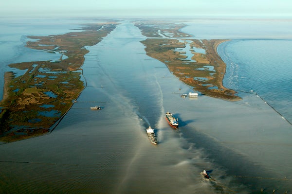 Aerial view of Mississippi River's Southwest Pass.