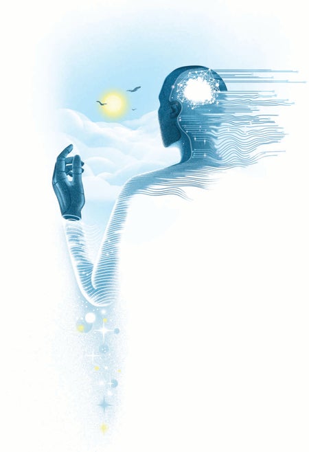 Illustration of the back of a human with wind connecting to its body and brain.