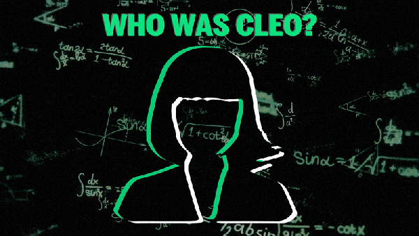 Animated math formulas are overlain with an outline of a person and text reading "WHO WAS CLEO?"