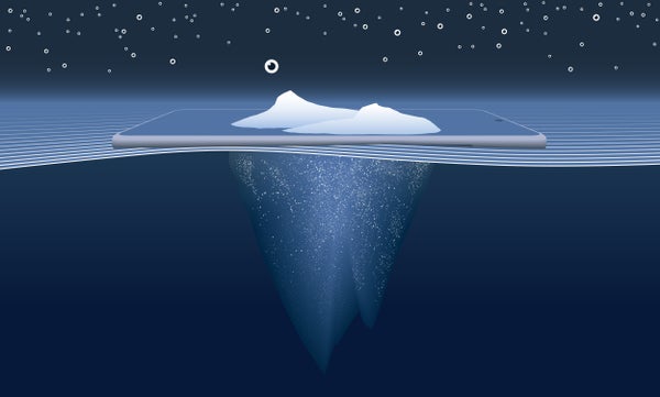 Icebergs, eyeballs, and smart phone, illustrating idea of surveillance on mobile devices
