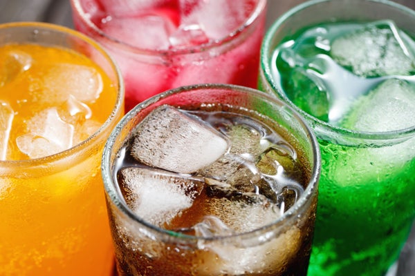 Brightly colored soft drinks