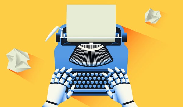 Illustration, robot writing on typewriter