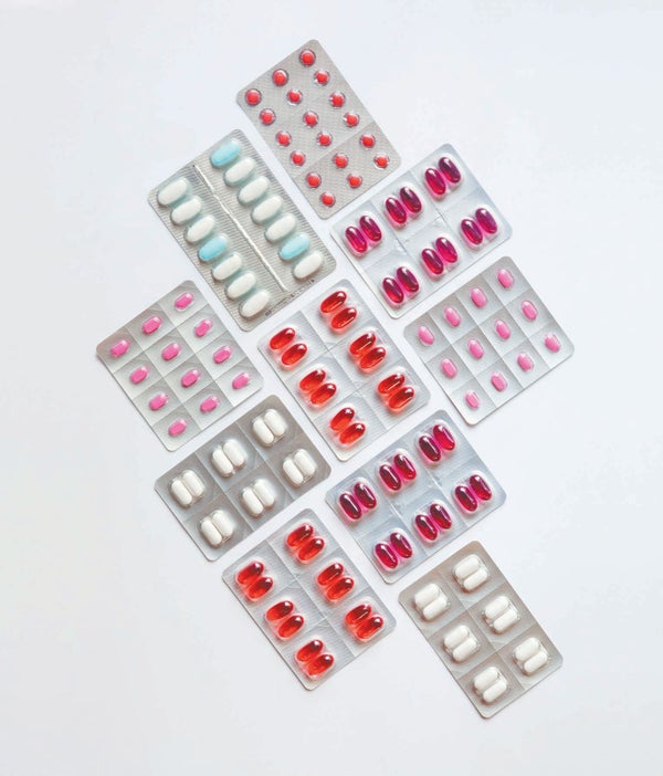 Packs of red, white and blue color pills.