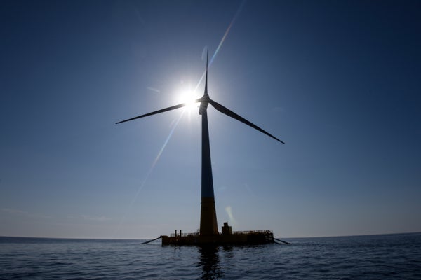 The first floating offshore wind turbine "floatgen" is pictured off La Turballe, France in 2018.