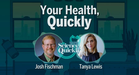 A man and a woman framed in circles with the words "Your Health, Quickly" and "Science, Quckly"