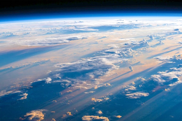 An image of the cloud-filled stratosphere from space.