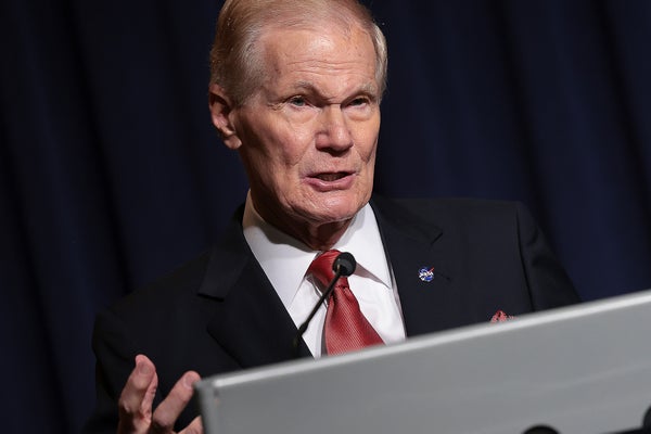 NASA Administrator Bill Nelson speaks while standing at a podium