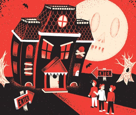 Illustration of a black haunted house with a red sky.