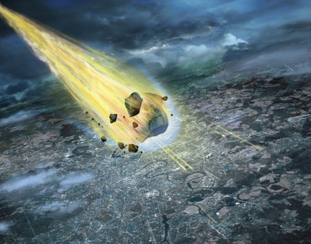 A meteoritic fireball over a city
