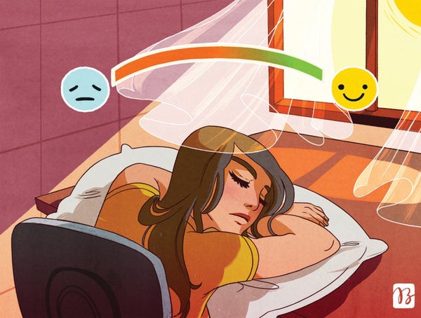 Illustration of a girl sitting at a desk, resting her head on a pillow.  Above her head is a scale from sadness to happiness.