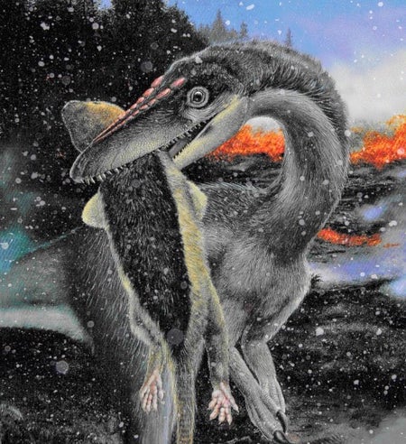 Painting of feathered dinosaur eating prey
