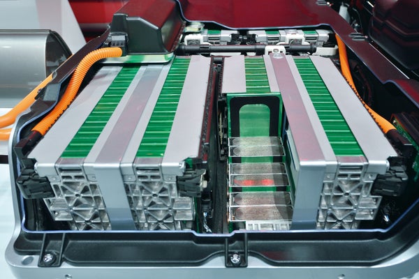 Close-up of battery packs in an electric car.