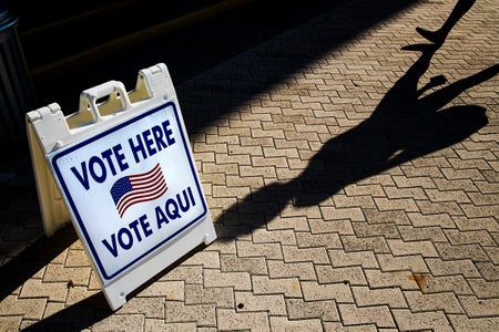 A "Vote Here" sign outside a polling location in Miami Beach, Florida, U.S.
