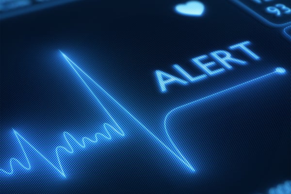 Flat line alert on a heart monitor - 3d render on detail pixellated screen