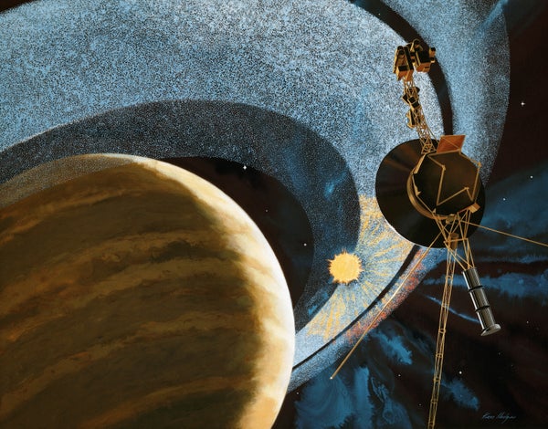 Artist's rendition of the Voyager 1 and 2 spacecraft with Jupiter