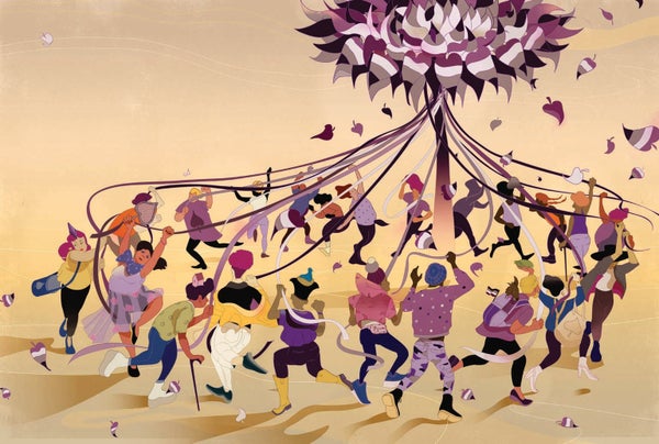 Illustration of a group of people running in a circle, all holding sashes.