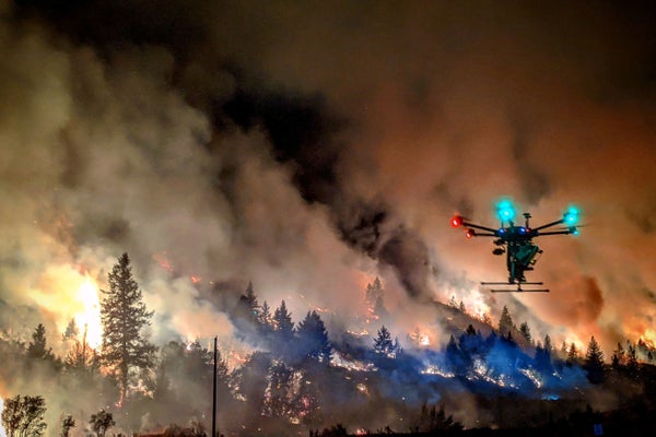 Firefighting drone midflight.
