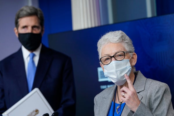 National Climate Advisor Gina McCarthy and Special Presidential Envoy for Climate John Kerry answer questions during a press briefing at the White House on January 27, 2021 in Washington, DC.
