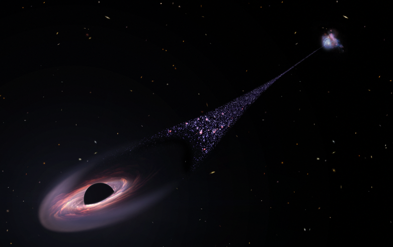 Des astronomes espionnent le sillage étoilé d’un trou noir géant en fuite