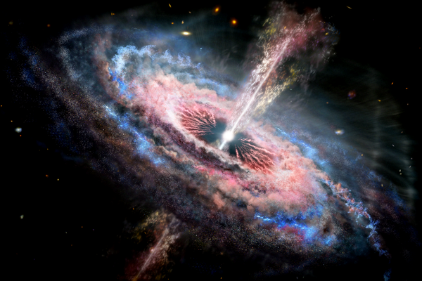 Artist's concept of a galaxy with a brilliant quasar at its center