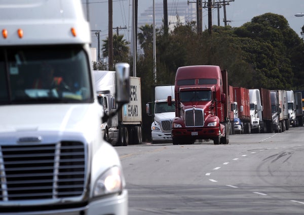 Trucks line up to make deliveries