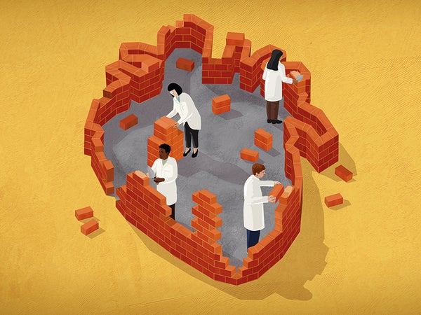 Four doctors repairing a human heart made of bricks (art concept).