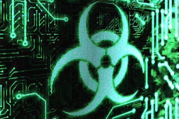 Green biohazard symbol on a computer screen.