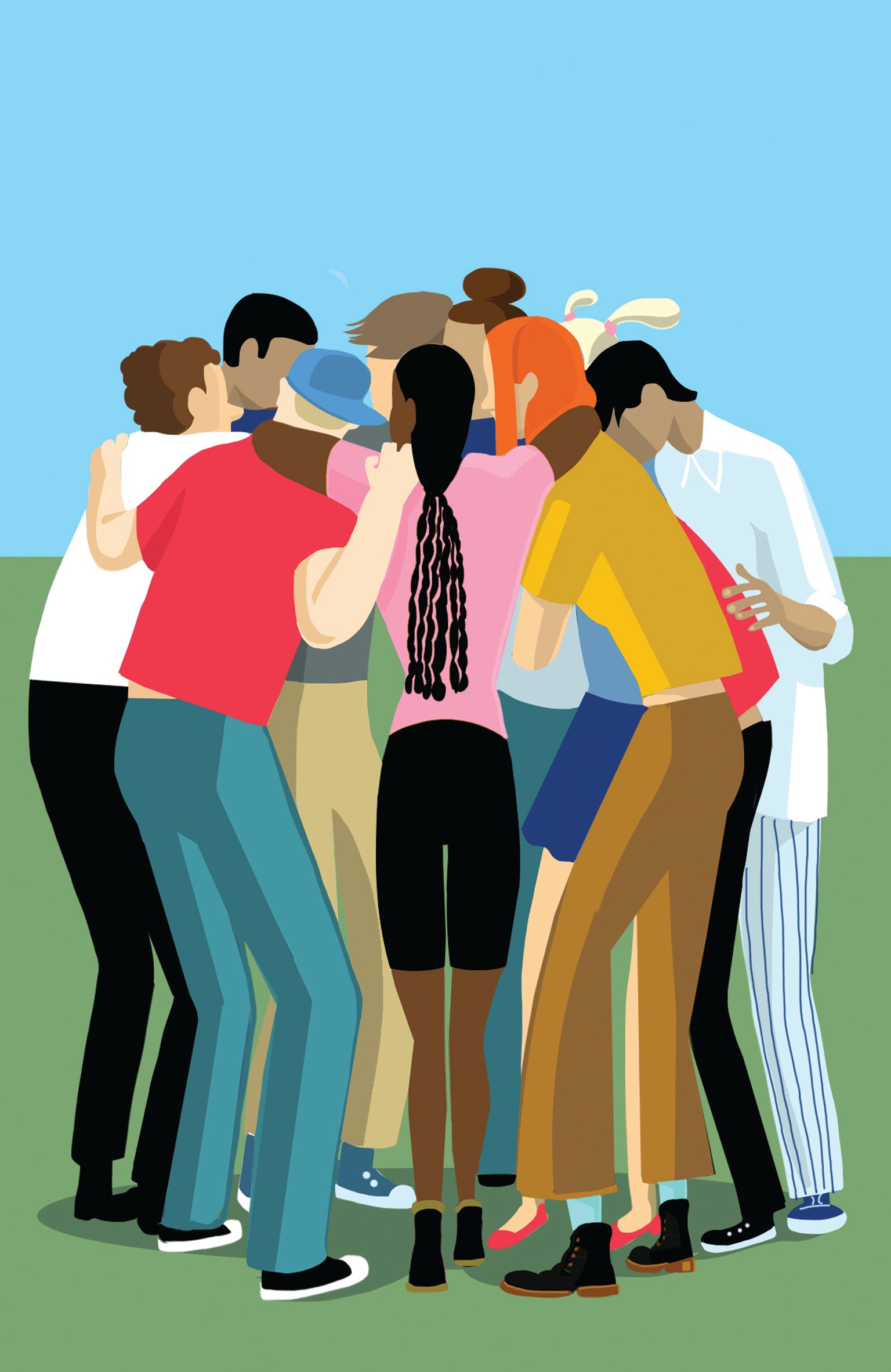 Group of adolescents hugging each other art concept.