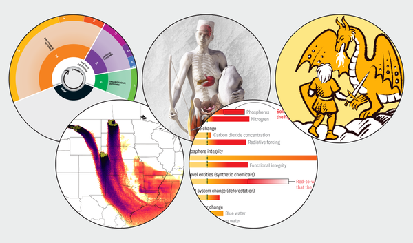 Five pictures cropped into circles show a selection of imagery from Scientific American graphics.