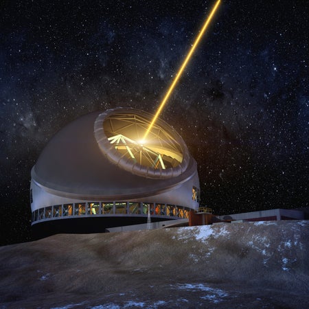 An artist concept of TMT at night, with the laser guide star system illuminated.