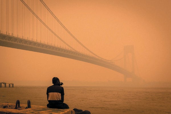 A man in gas mask sits in under the Verrazano-Narrows Bridge, with smoke filling the air.