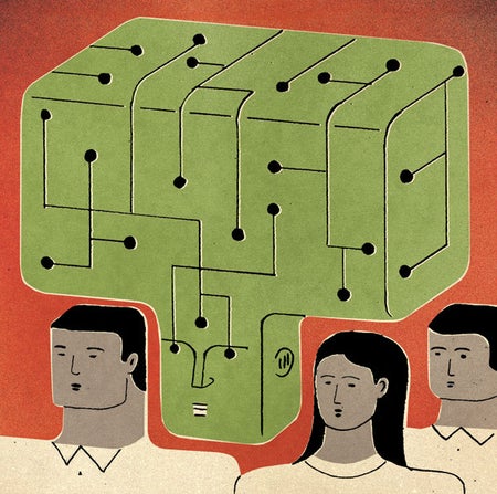 illustration of people surrounded by an electronic brain