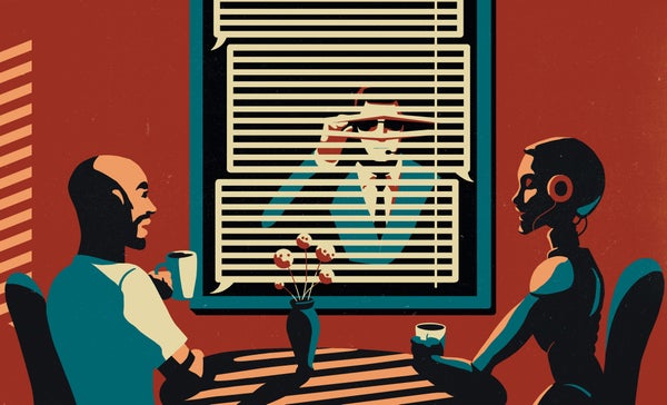 Illustration of a man and woman sitting at a table, with a man peeking in through their window.