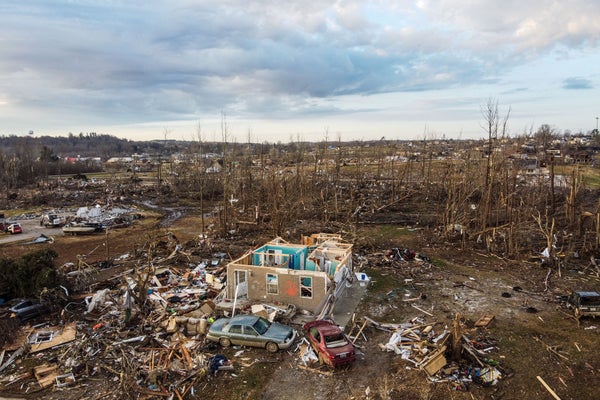 An aerial view of tornado damage in Mayfield, KY.