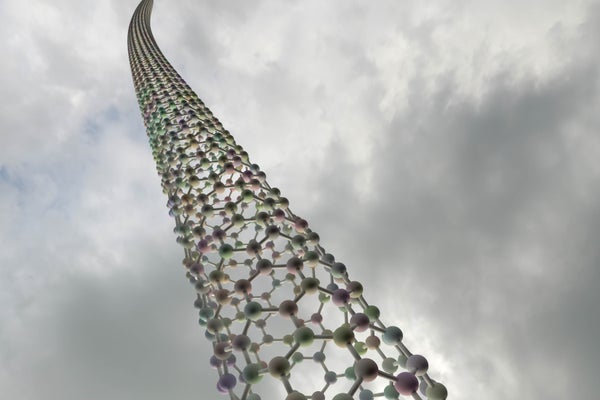 Computer illustration of a single-wall carbon nanotube reaching up through gray clouds.