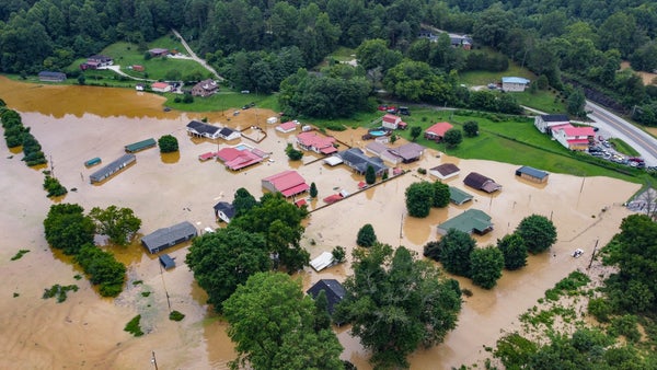 An aerial view of houses inundated after flash flooding in Kentucky in July 2022.