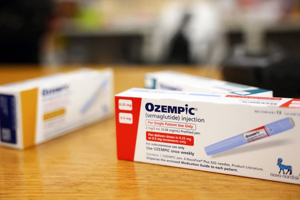 Photo illustration, boxes of the diabetes drug Ozempic rest on a pharmacy counter