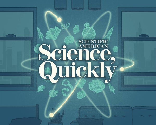 Illustration of a Bohr atom model spinning around the words "Science Quickly" with various science- and medicine-related icons around the text