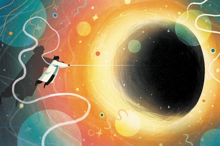 Illustration of a scientist holding a rope that is going into a black hole.