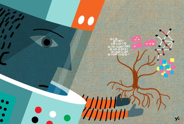 Illustration of robotic scientist holding tree of life