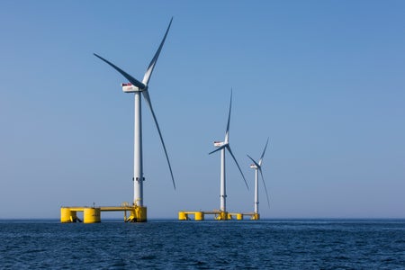 General view of the three floating wind turbines off the coast of Viana do Castelo.