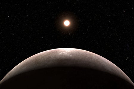 Illustration of the exoplanet LHS 475 b and its star on a black background. The planet is large and at the center of the foreground. The star is smaller and at the center of the background.