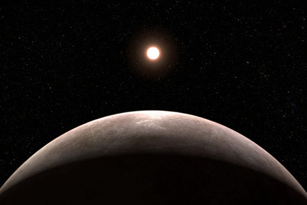 Illustration of the exoplanet LHS 475 b and its star on a black background. The planet is large and at the center of the foreground. The star is smaller and at the center of the background.