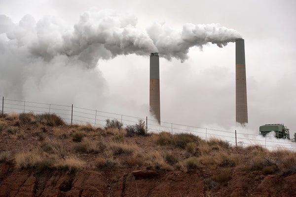 Two flue stacks at the coal-fired Cholla Power Plant in Joseph City, Arizona