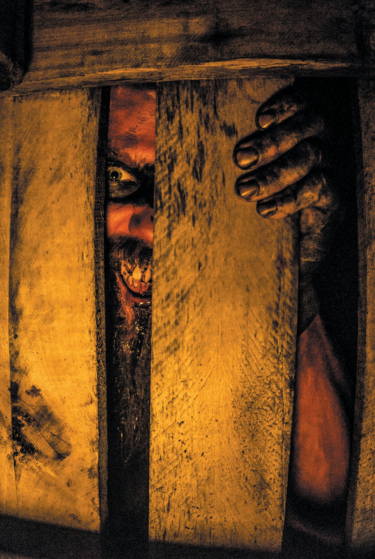 A person dressed up as a horror creature with a disturbing smile shown peering between the planks of a wood fence.