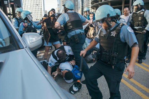 Protesters clash with police in Chicago in May 2020 during a protest against the death of George Floyd.