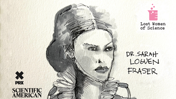 A pen and ink portrait of a woman with long hair and the words Dr. Sarah Loguen Fraser